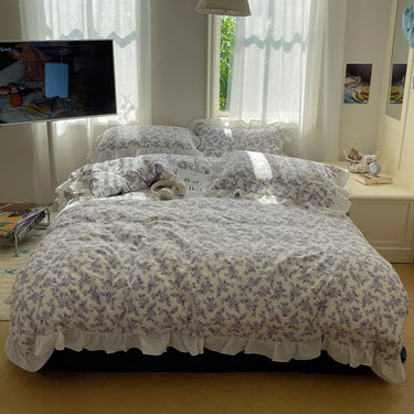 Purple Vintage 100% Cotton Flower Korean Princess Duvet Cover Bedding Set